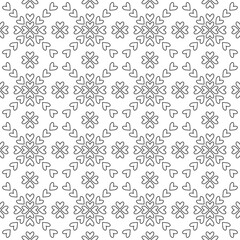 Seamless vector pattern of outline heart shapes in the geometric style, monochrome ornament on transparent background, design for textile print, wallpaper, packaging.