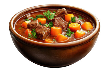 Irish lamb stew with carrots and parsley, PNG isolated on transparent background, white background.