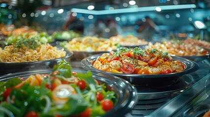 A selection of fresh salads in a grocery store or supermarket deli counter.