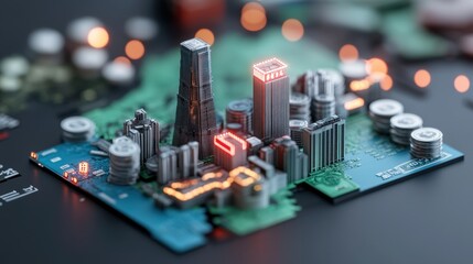 China Cityscape with Stacks of Coins on Circuit Board   Financial Growth Concept