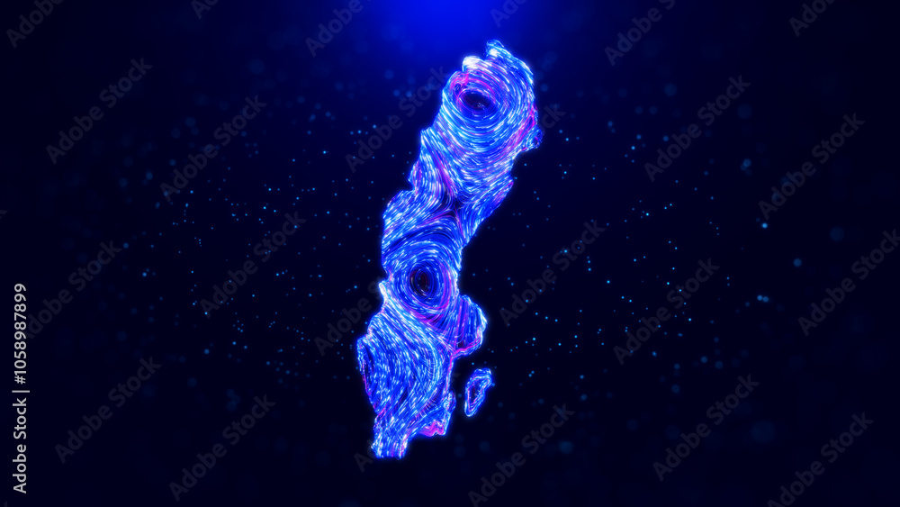 Poster abstract sweden map design, featuring glowing blue hairlines, dynamic flowing patterns, and scattere