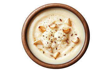 Creamy cauliflower soup with roasted garlic, PNG isolated on transparent background, white background.