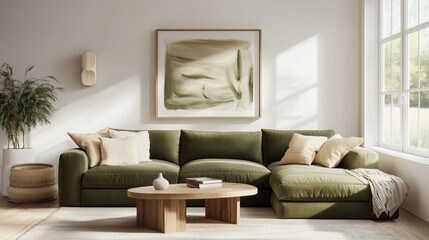 Minimalist interior design of living room with green sofa and soft natural tones
