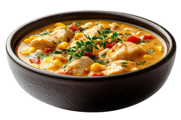 Chicken and corn chowder with thyme garnish, PNG isolated on transparent background, white background.