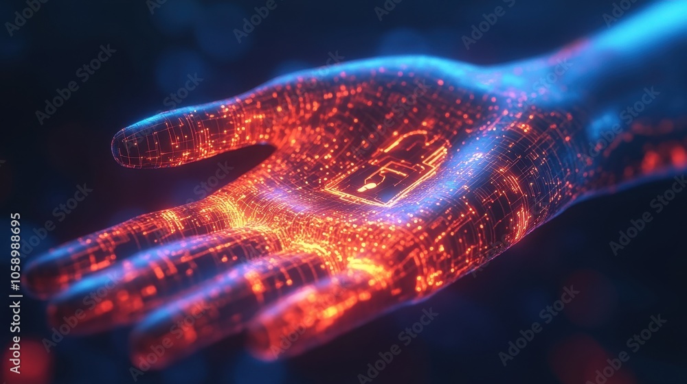 Poster a glowing lock in digital hand overlay, symbolizing cybersecurity in data protection and it security