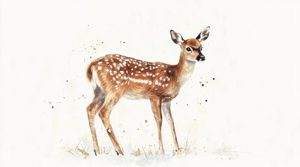 Obraz premium A delicate watercolor illustration of a young deer standing gracefully, showcasing its spotted coat against a soft, light background.