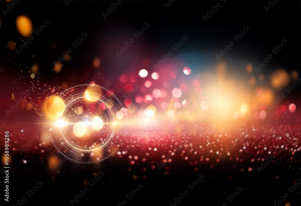 Poster a dark background with shimmering red glitter, a bright light source in the center, and a colorful b