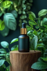 This is an autumnal skincare product concept for promotional use, with a black and gold bottle on a wooden stump.