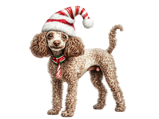 Fullbody Poodle Dog in Christmas Day Festival wearing Candy Santa hat standing with isolated on transparent background PNG
