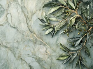 3D marble texture with green tones and olive branch overlay, creating a sophisticated composition that merges the richness of stone with nature elegance