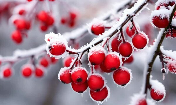 frozen branch with holly berry on snowy winter day