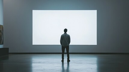 Obraz premium Solitary Man in Front of Large Blank Canvas