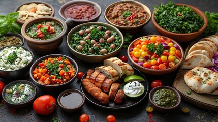 Fototapeta premium A variety of colorful and appetizing Middle Eastern dishes are arranged on a dark background.