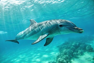 Fototapeta premium A single dolphin swimming gracefully in a clear water