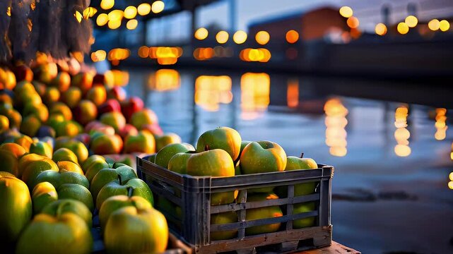 A crate of green apples sitting on a wooden surface near a body of water with blurry bokeh lights in the background.
