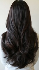 Naklejka premium A woman with long, black hair is wearing a white shirt