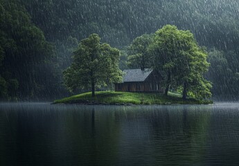 Fototapeta premium Serene cabin on a rainy island amidst lush greenery and reflective lake
