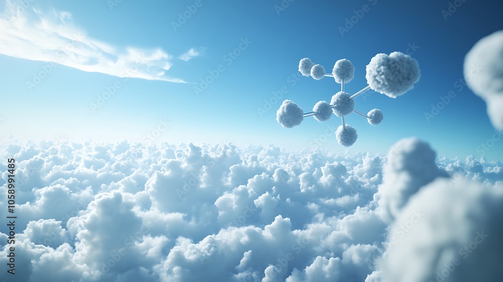 Poster a serene sky filled with clouds, featuring a molecular structure floating above.