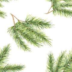 Spruce branches with soft green needles arranged in a seamless watercolor pattern. Fir, Cedar clipart for festive fabric designs, seasonal gift wrap, custom home decor, or stationery products