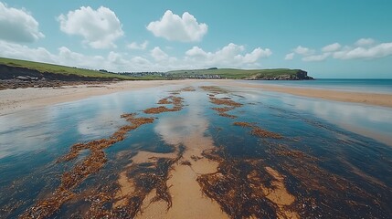 Rocky Beach with Tide Pools Under Blue Sky