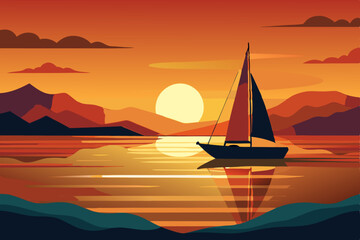 Naklejka premium Sailboat Vector on Calm Waters at Sunset