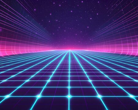 Retro 80s inspired Neon Grid Pattern with Vaporwave Aesthetic Digital Background