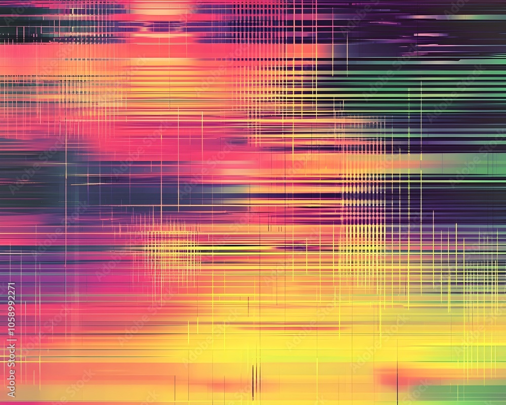 Poster vibrant digital glitch pattern with fractured pixel lines and rgb color distortion