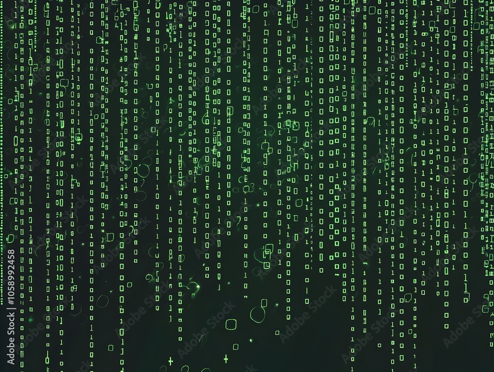 Poster seamless matrix style digital pattern in green and black tones depicting binary code and techno aest