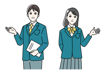Fototapeta premium 制服を着て案内をする学生のイラスト