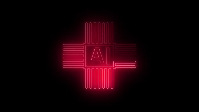 Ai computing neon animation. Cpu animated icon glow effect. Scaling verbal sign. Red 2D Animatiom AI word font with holographic stripes.