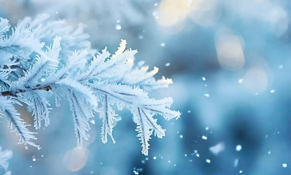 frozen fir branch on winter nature background