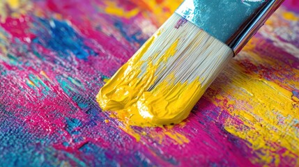 Fototapeta premium Bright Paintbrush on Vibrant Colorful Canvas