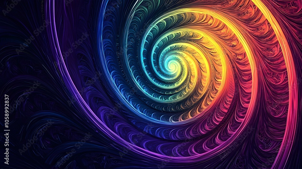 Poster mesmerizing digital fractal pattern in vibrant rainbow colors spiraling into infinity with intricate