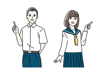 制服を着て案内をする学生のイラスト