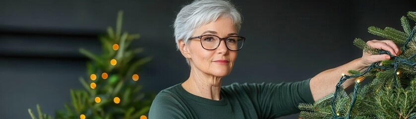 Fototapeta premium A woman with gray hair and glasses decorates a holiday tree, exuding a warm and festive spirit in a cozy indoor setting.