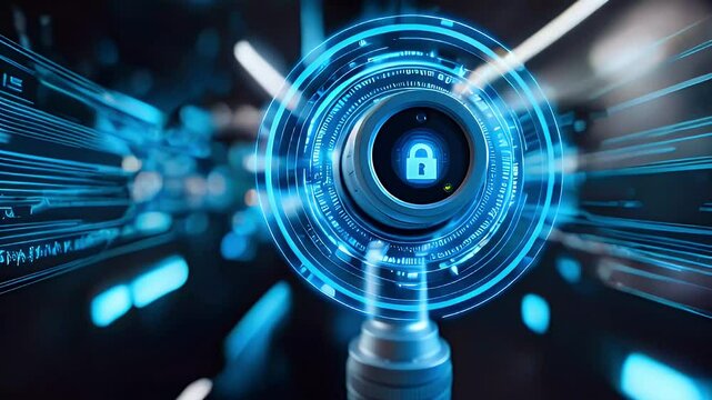 Security camera lens with padlock icon and blue glowing digital interface.