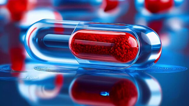 A blue and red capsule with liquid inside on a blue background with a reflection of the capsule.