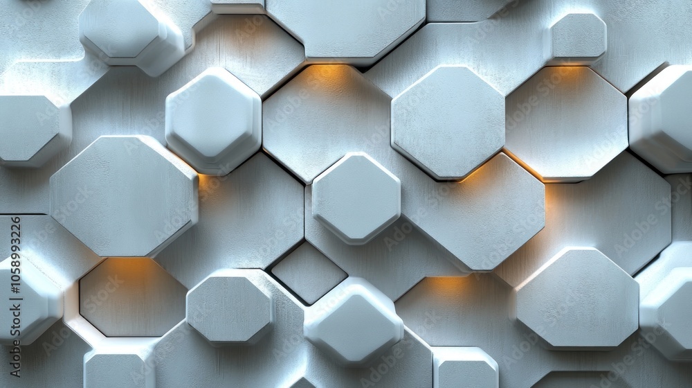 Poster abstract geometric pattern of white hexagons with glowing edges