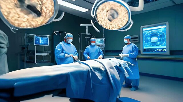 A team of surgeons performing surgery in an operating room with bright lights and medical equipment.