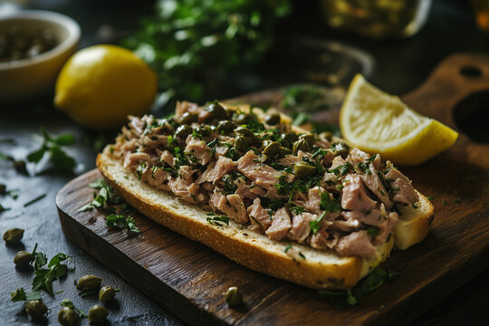 Delicious tuna sandwiches with fresh herbs on a rustic wooden board decorated with capers and lemon.