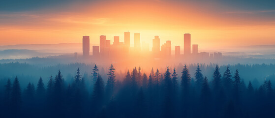 Fototapeta premium Cityscape at Sunset with Forest in Foreground.