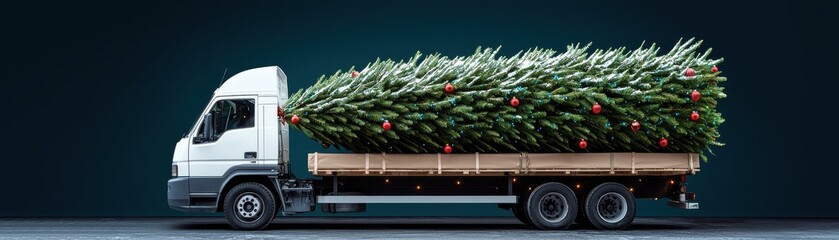 A truck loaded with lush Christmas trees, showcasing a festive transport theme against a dark background.