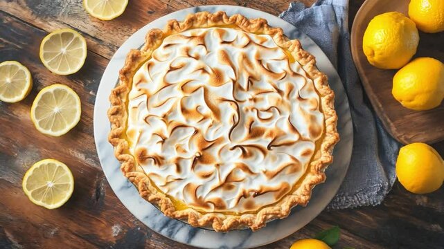 Lemon meringue pie served on a marble platter with fresh lemons and slices on a rustic wooden table