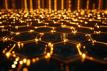 Obraz premium Hexagonal abstract digital in gold color, modern technology and data connectivity.