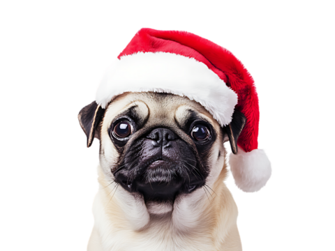 Pug Dog in Christmas Day Festival wearing Santa hat close-up with a happy isolated on transparent background PNG