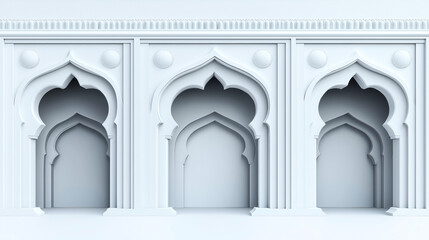 Three white arches featuring intricate geometric patterns and symmetrical designs, inspired by traditional architectural elements, creating a minimalist and elegant aesthetic.