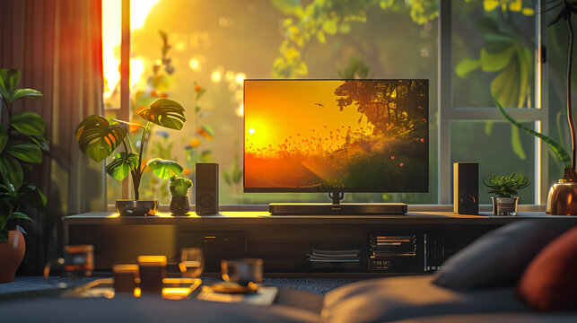 Cozy Living Room with Sunset TV Display