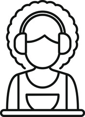 Cleaning lady wearing headphones and holding cleaning products, cleaning service line icon