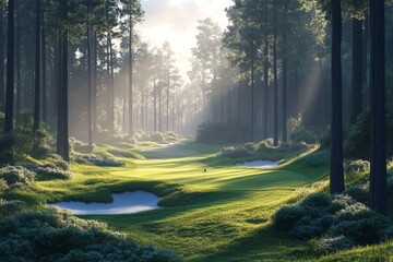 Obraz premium Golf Course Green with Sunbeams Through Trees