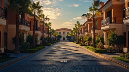 Villa Surrounded by High Mountains Featuring a Platform, Road, and Parking Area on Brick Surface for Automotive Advertisement with Blank Background